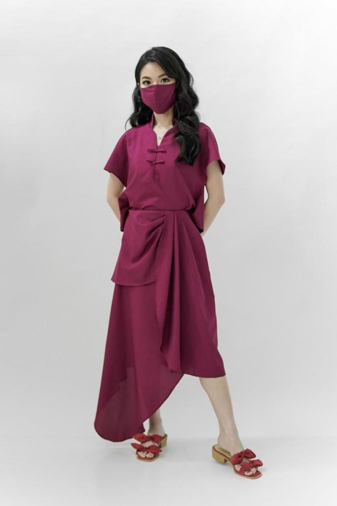 (BUNDLE) Gao Oriental Top + Shang Drape Skirt (Wine)